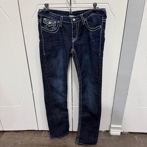 True Religion Dark Wash Bedazzled World Tour Joey Super T Low Rise Jeans
